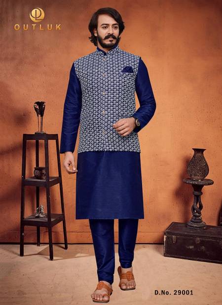 Blue Colour Outluk 29 Art Silk With Lucknowi Work Party Wear Kurta Pajama With Modi Jacket Mens Collection 29001